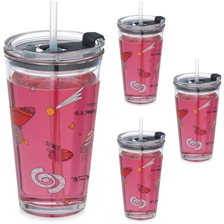 Relaxdays Kindergläser 4er Set, Weltraum-Motiv, Trinkglas für Kinder, Deckel & Strohhalm, Volumen 450 ml, transparent