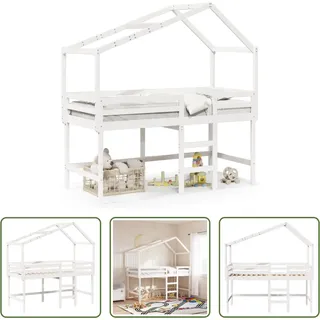 The Living Store Hochbett mit Leiter und Dach Weiß 90x190 cm Massivholz Kiefer - Weiß