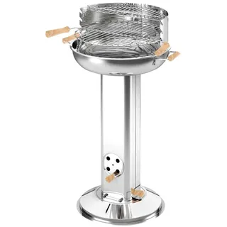 Edelstahl-Säulengrill rund ø39cm Holzgriffe Warmhalterost Grillhöhe 74-83cm neu