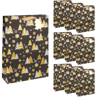 IDENA 90401 - Geschenktaschen Tannenbaum, 10 Stück in Schwarz-Gold, Papiertüten in der Größe 34,5 x 25 x 8,5 cm, Geschenktüten für Weihnachten