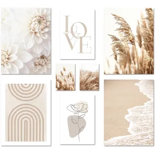 ARTFAVES® Poster Set - BEIGE SOFTNESS - mehrteilige Wanddeko Wohnzimmer & Schlafzimmer - 8 moderne Wandbilder Abstrakte Formen, Pampasgras, Blüte, beige, Meer - ohne Bilderrahmen