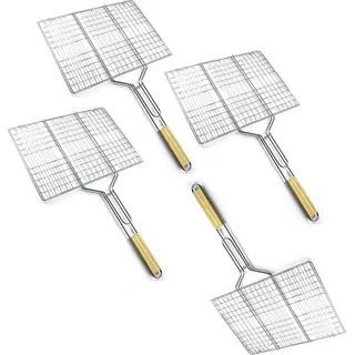 4 x Grillguthalter mit Holzgriff | BBQ Grillkorb für Fischgemüse Steak Garnelenkoteletts | 38,5 x 28 cm Grillgitter aus Metall | Gemüsekorb Burger Grillwender | Grilling Basket | Grill Rost zum Grillen