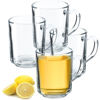 KADAX Durchsichtiger Glasbecher mit Griff, spülmaschinenfeste Trinkgläser mit Henkel, Kaffeegläser aus Glas, Teegläser, Wassergläser, Glastassen für Heiß (4 x 240ml)