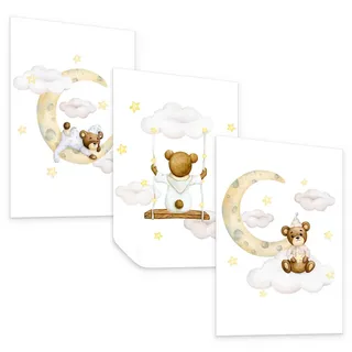 Muralo Poster SET für Kinderzimmer Teddybären Monde Wolken Sterne 3x Poster A4 21x30cm , Gelb, Braun, Weiß, Beige, Grau , Papier , Tiere, Märchen/ Fantasie , Rechteckig , 21x30x1 cm , Bilder & Rahmen, Bilder, Sonstige Wandbilder