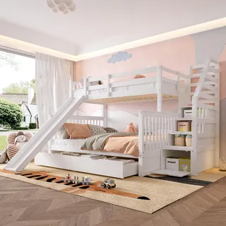 Etagenbett 90 x 200 cm auf 140 x 200 cm Bettgestell mit Schubladen, Stauraum und Auszug, multifunktional, weiß