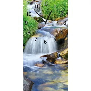 Wallario Design Wanduhr Kleiner Bach über Steine aus Echtglas, Größe 30 x 60 cm - Grün