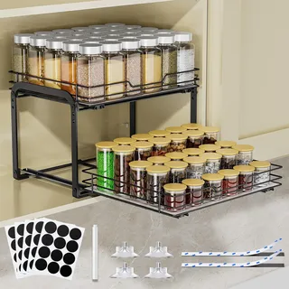AHOMSEL 2 Etagen Gewürzregal Ausziehbar, Höhenverstellbar Küchenschrank Organizer, Gewürzregal Stehend mit Aufkleber für Schrank Küche Arbeitsplatte, L26*B34.5*H23cm