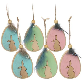 COM-FOUR® 6X Dekoaufhänger, Holz-Osterei mit Osterhase, Holzdeko zum Aufhängen an Pflanzen und Wänden, süße Osterdekoration [Auswahl variiert] (06-teilig – Aufhänger – Holz-Eier)