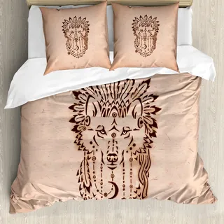 ABAKUHAUS Wolf Bettbezug, Tier in Bonnet, Milbensicher Allergiker geeignet mit Kissenbezügen, 200 cm x 200 cm - 80 x 80 cm, Peach Brown