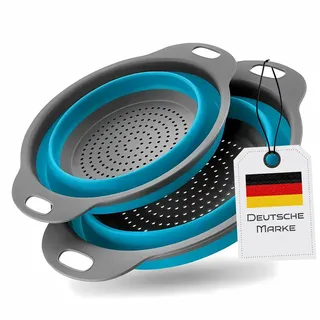 Faltbarer Seiher Sieb, Küche Silikon Klappbar Abtropfsieb Nudelsieb Set, Küchensieb Abwaschschüssel von Nudeln, Obst, Gemüse, 2 Größe (24.5+29.2cm) (Blau)