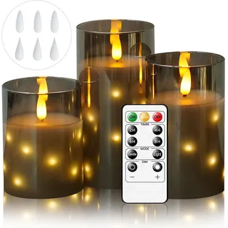 Cnulenzt Glas Flammenlose LED Kerzen, Batteriebetriebene mit eingebetteter Sternschnur-Lichterkette, led kerzen Mit Fernbedienung und Timer, Home Dekoration, Echtes Wachs, 3er-Set(Grau)