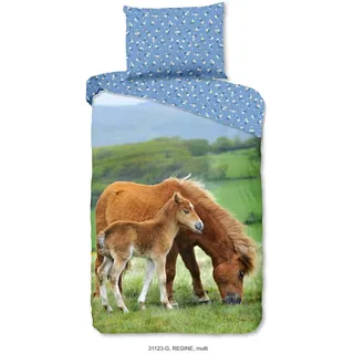Kinderbettwäsche , Blau, Grün, Multicolor , Textil , Pferd , 140x200 cm , Oeko-Tex® Standard 100, BCI (Better Cotton Initiative) , atmungsaktiv , Heimtextilien, Bettwäsche & Leintücher, Kinderbettwäsche