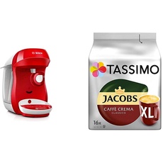 Bosch TAS1006 Tassimo Happy Kapselmaschine, über 70 Getränke, vollautomatisch, geeignet für alle Tassen, kompakte Größe + Tassimo Kapseln Jacobs Caffè Crema + Latte Macchiato + Milka + Probierbox
