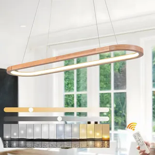 WayLuoung Wood LED Kronleuchter Deckenleuchte, Dimmbare Ovale Ring Holzbeleuchtung, 3000-6000K, Einstellbare Kreis Anhängerlampe, Kücheninsel Esszimmer Wohnzimmer Foyer Hängen【90cm】