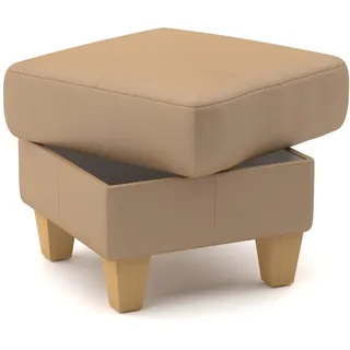 CAVADORE Leder-Hocker Palera / Polsterhocker mit Stauraum + massiven Holzfüßen als Sitzgelegenheit, Aufbewahrung, Fußablage / 58 x 48 x 58 / Leder Beige