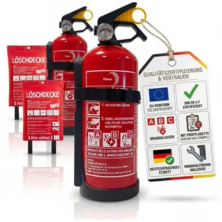 BigDean 2 Stück Feuerlöscher 1kg Plus 2 Stück Feuerlöschdecken Brandschutz Set