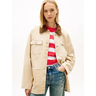 Langjacke TOMMY JEANS "TJW OVS DISTRESSED CHORE JACKET", Damen, Gr. L (40), weiß clay, Denim/Jeans, Obermaterial: 100% Baumwolle, unifarben, oversize Po-bedeckend, mit Knopf, Jacken Langjacke, mit farblich abgesetztem Umlegekragen, Oversized Fit