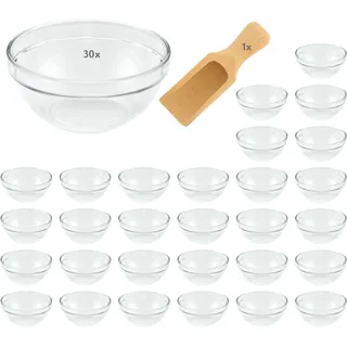 mikken 30 kleine Glasschälchen Schälchen für Kochzutaten, Marmelade, Dips, Tapas etc. Ø 7,5cm, inkl. einer kleinen Holzschaufel 7,5 cm