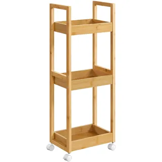 Songmics Rollwagen, Badregal, Badezimmerregal mit 3 Ebenen, Nischenregal Bambus, Regal schmal, Nischenwagen auf Rollen, platzsparend, 20 x 30 x 80 cm, naturbeige BCB083N01