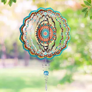 Mandala-Windspiel – 3D-Edelstahl-Garten-Spinner mit blauem Kugel-Spiralschwanz, kinetische hängende Windfänger-Skulpturen für Frauen, Geschenk, Innen- und Außenbereich, Hofkunst, Fensterdekoration