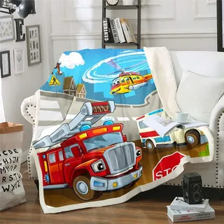 Loussiesd Feuerwehrauto Sherpa Decke Jungen weiche Flauschige Fleece Decke Kinder Kleinkind Auto Fleecedecken 130x150cm Krankenwagen Hubschrauber Kuscheldecke Super weich Wohndecke Karikatur Muster