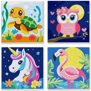 MXJSUA 4er-Pack Malen-Nach-Zahlen-Set Für Kinder Mit Rahmen, Tier-Malen-Nach-Zahlen Für Alter 6-12, Schildkröte Eule Einhorn Flamingo Muster Auf Leinwand, Acryl-Ölfarben Für Heimw dekoration 20x20cm