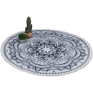 Relaxdays Teppich im Mandala-Design, Ø 120 cm, Baumwollteppich mit Fransen, rutschfest, Creme/schwarz