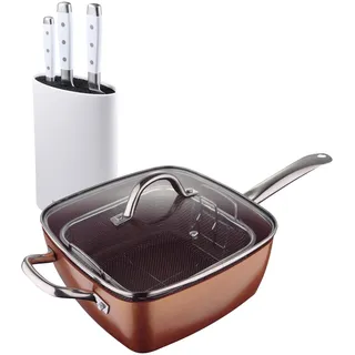 Quadratisches Pfannen-Set, 24 x 24 cm, aus gepresstem Aluminium + 3 Edelstahlmessern mit Optimum Copper Bergner