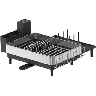SONGMICS Abtropfgestell, Geschirr-Abtropfständer Edelstahl, ausziehbar, Auslauf, mit Haltern für Besteck, Tassen, Gläser, Schneidebrett und Pfannen, silbern-schwarz KCS037B01