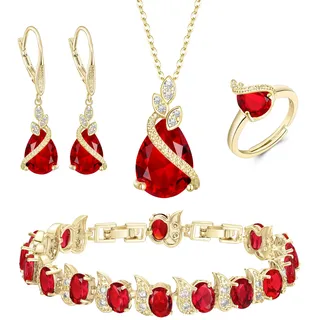 Clearine Teardrop Zirkonia Schmuck-Set für Outfit Halskette, Leverback Ohrringe Tennis Armband und einstellbare Ring Set Geschenk für Geburtstag/Valentinstag/Weihnachten Rubin-Gold-Ton