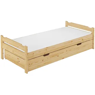 Einzelbett Bettrahmen Kiefer natur 80x200 Massivholzbett Zubehör wählbar V-60.31-08Rollrost. Matratzen und Bettkasten inkl. - Naturbelassen