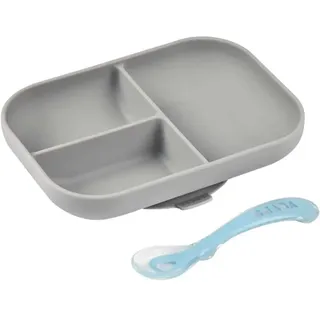Béaba Baby Teller mit Rutschfeste aus Silikon mit Saugnapf, Silikonlöffel, Saugt sich am Tisch/am Essbrett des Hochstuhls fest, Geeignet für die Mikrowelle, Grey