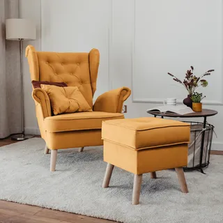 Idohome - Gepolsterter Ohrensessel CLASSIC mit Hocker, Farbe: Senfgelb Trinity 26 - Gelb