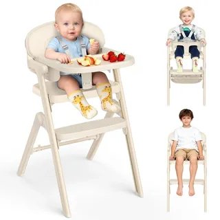 PAMPORPET Hochstuhl Baby +Sitzkissen, Verstellbarer Kinderhochstuhl Mitwachsender für Baby 6 Monate - 99 Jahre, bis 90 KG, mit 5 Punkt Schrittgurt, Kinderstuhl Klappbar mit Essbrett-Ergonomisch