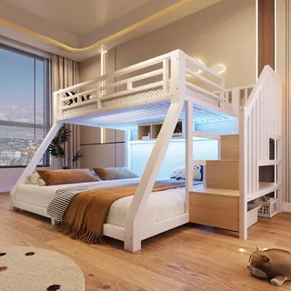 Merax Etagenbett 90x200 cm + 140x200 cm, Kinderbett mit LED Beleuchtung, Treppe mit Stauraum, Metallbett mit Geländer, Jugendbett, Stockbett, Weiß - Weiß