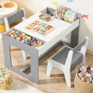 Clevich Kindersitzgruppe mit Stauraum,Kindertisch mit 2 Stühlen,ab 3 Jahren | Kinder Tisch Stuhl Set mit wendbarer Tischplatte, Malttisch, Kinderschreibtisch für Kindertagesstätte, Kinderzimmer, Grau