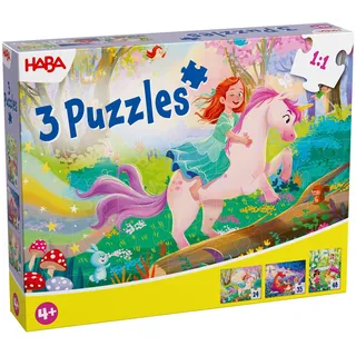 HABA Puzzles Zauberträume – 3er Set Kinderpuzzles mit echtem Glitzer-Effekt – Motive: Einhorn, Fee & Prinzessin – Ab 4 Jahren – 24, 35 & 48 Teile 2013401001