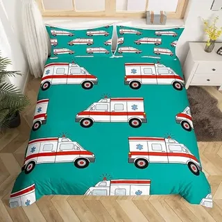 Loussiesd Krankenwagen Bettwäsche Betten Set Kinder Auto Bettwäsche Set 135x200cm Jungen Mädchen Dekor Karikatur Auto Bettbezug Set Mikrofaser Einsatzfahrzeuge Grün Schlafzimmer Bettwäsche