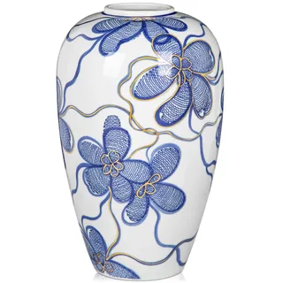 Keramikvase Blau-Weiß mit Goldverzierung – Handbemalte Blumenvase im asiatischen Stil – Chinoiserie Wohnaccessoire Höhe 27,5cm – Ideal für Trockenblumen, Deko oder Geschenk