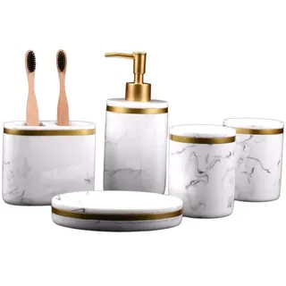 Badezimmer-Zubehör-Set, 5-teilig, luxuriöses Badezimmer-Zubehör-Set, Marmor-Muster, Badezimmerzubehör, Lotionspender, Zahnbürstenhalter, Becher, Seifenschale