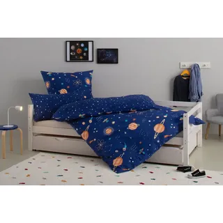 LÜTTENHÜTT Kinderbettwäsche »CUDDLEE«, in vielen Designs: Dino,Einhorn,Weltraum,Baustelle,Herz,Trecker, blau