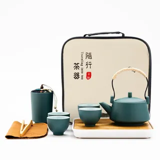 fanquare Japanisches Tragbare Reise Tee Set mit Reisetasche, Grün Chinesisches Tee Set aus Keramik, Kung Fu Tee Service mit Teekanne, Teetassen, Bambus Tee-Tablett
