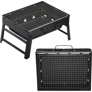 2er Set Holzkohlegrill Tragbar, 35x27x20 cm Klappgrill, tragbarer Koffergrill, BBQ Faltgrill für Camping, Picknicks, Urlaub, Strandpartys und andere Outdoor-Aktivitäten, Reisegrill, Koffergrill - Schwarz