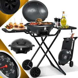 KESSER® elektrischer Elektrogrill 2in1 Tischgrill - Standgrill mit Deckel und Standfuß | max. 2400 Watt | Faltbar | Thermometer | Antihaftbeschichtung | Grillplatte Abstelltische | 2 Räder | - Schwarz