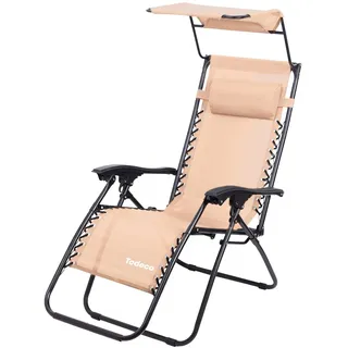 Todeco Liegestuhl klappbar mit Sonnenschutz, Sonnenstuhl mit abziehbare Kissen, Max Belastbarkeit 100kg, Strandliegestuhl leicht, Khaki