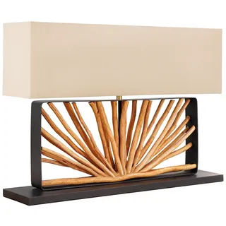 Tischleuchte Holz Stoff 80 cm breit Schwarz Beige Natur eckig für E27 Tischlampe