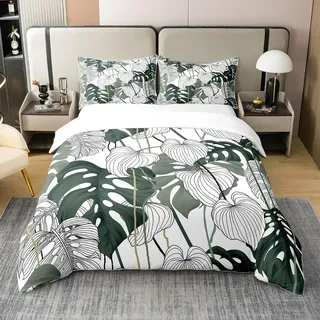 100% Natürliche Baumwolle Palm Blatt Bettwäsche Set Monstera Bettbezug Tropische Blätter Zweig Tröster Abdeckung Hawaiian Hippie Botanische Bettdecke Abdeckung für Erwachsene,Dekor 155x220,Mikrofaser