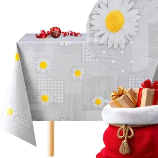 KP HOME PVC Wachstuchtischdecke Rechteckig 300x140 cm - Abwischbare Tischdecke Kunststoff Wasserdichtes für 10 Personen - Vinyl Tischtuch, Grau Margerite Kamille Blumen Patchwork-Design