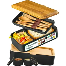 Bild Lunchbox mit Besteck, 2 Saucenbehältern als Brotdosen Salat, Snack Bento Box, Auslaufsicher Brotdose Erwachsene, Inkl. Zubehör Brotdose mit Fächern für Meal Prep