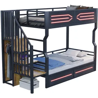 Wishdor Hochbett 90/200 cm in Schwarz mit Treppe, Stauraum und Led , Metall, Holzwerkstoff , Rechteckig , 90x200 cm , Babymöbel & Kindermöbel, Kinderzimmer & Jugendzimmer, Stockbetten